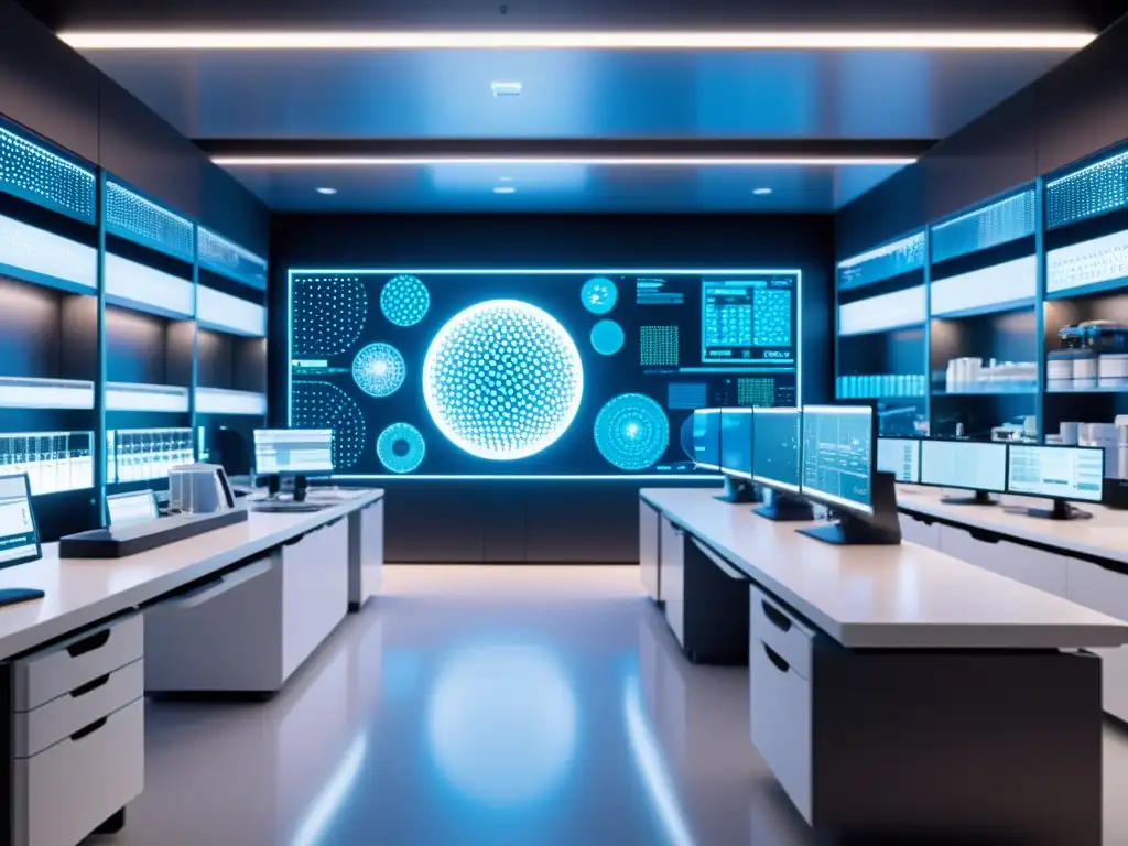 Avanzado laboratorio futurista con genómica AI y sistema inmune Un laboratorio futurista de genómica e IA, científicos analizan el sistema inmunológico a nivel celular