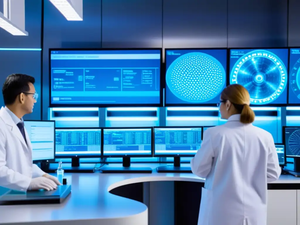 Desarrollo de vacuna de ARNm en laboratorio futurista En un laboratorio futurista, científicos trabajan en la tecnología ARNm vacunas historia, mostrando la síntesis genética de manera precisa y avanzada