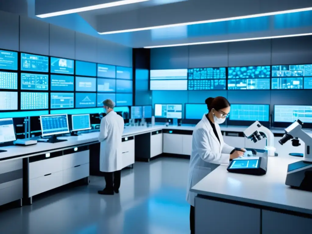 Avanzada investigación en células madre para regeneración inmune Un laboratorio futurista con científicos y tecnología de vanguardia para la regeneración del sistema inmunológico con células madre