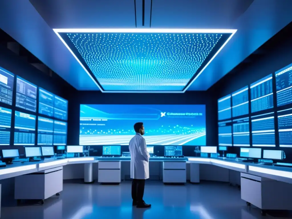 Lab genético futurista con científicos y ADN brillante en 8k En el laboratorio futurista, científicos trabajan con precisión mientras el ADN brilla
