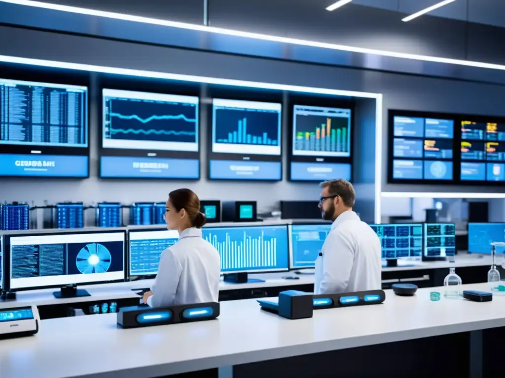 Lab genético del futuro: investigación avanzada en nutrición personalizada Un laboratorio futurista con tecnología avanzada para el análisis genético y la nutrición personalizada