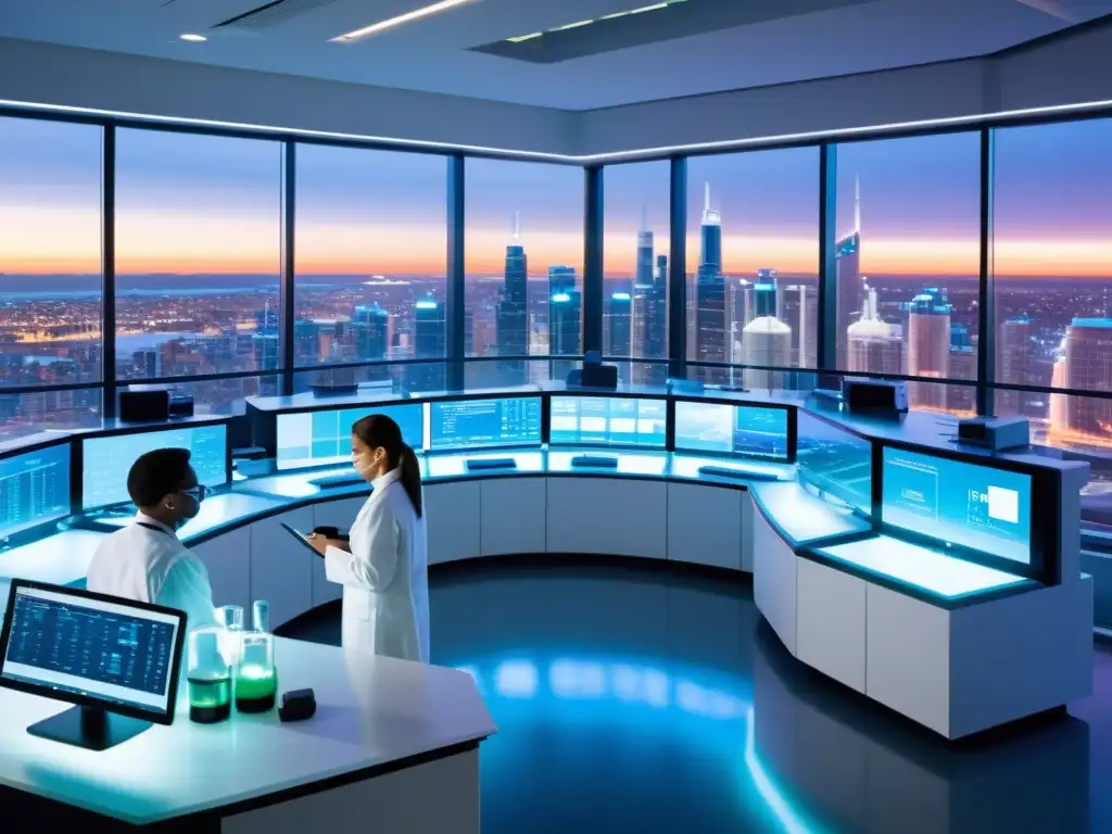 Lab de terapia génica futurista en la ciudad Un laboratorio futurista de terapias génicas para enfermedades inmunológicas, con científicos trabajando en tecnología de edición genética avanzada