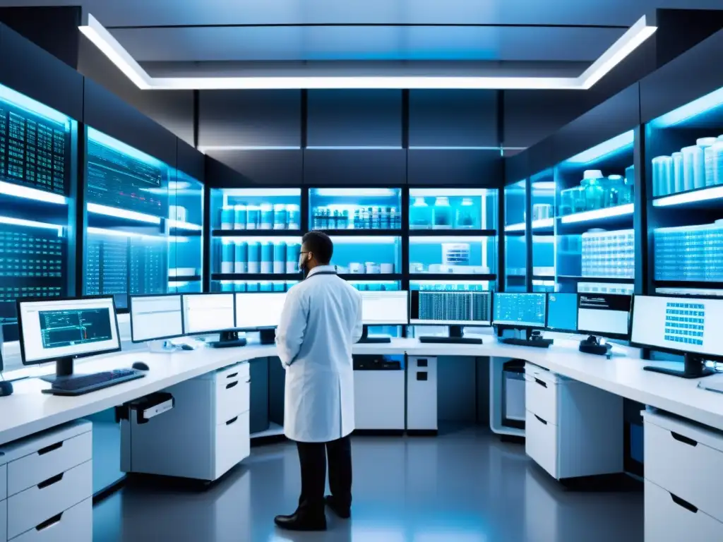 Un laboratorio médico futurista con científicos en batas blancas trabajando en terapia génica para desórdenes inmunológicos