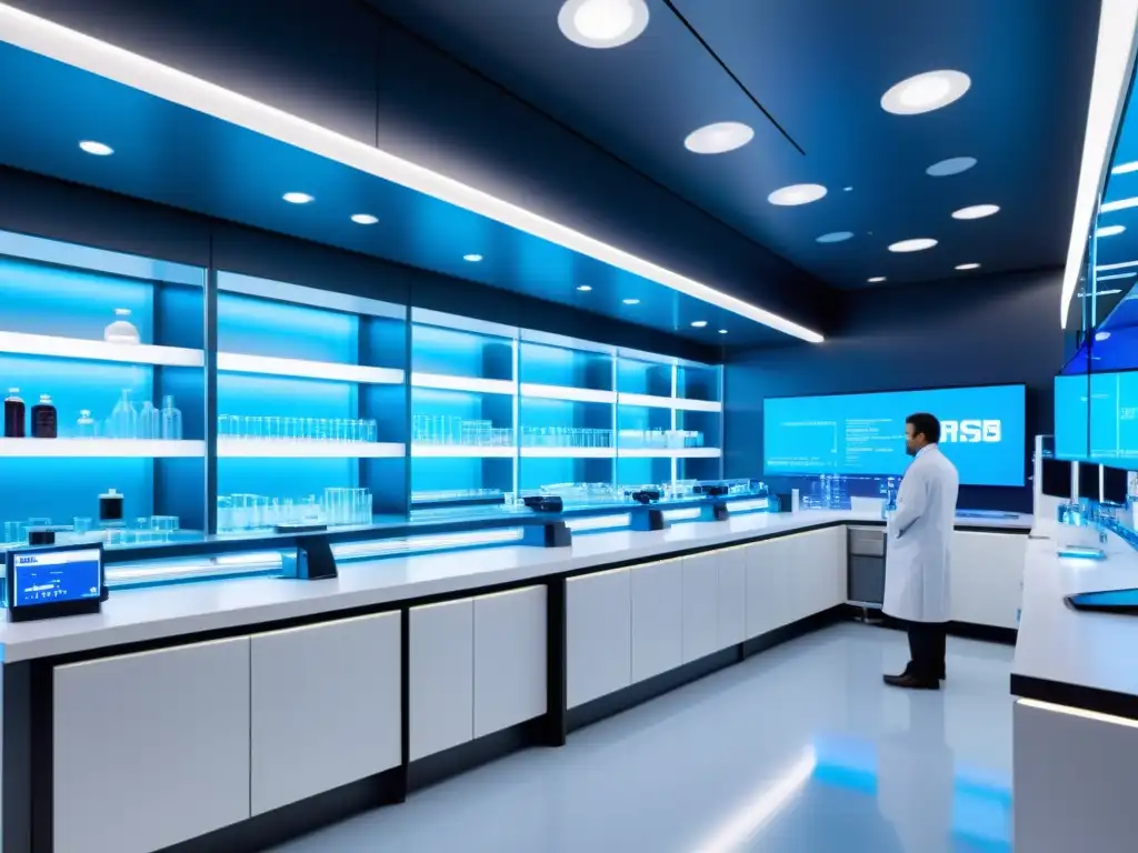 Avanzada tecnología médica para mejorar el sistema inmunológico En un laboratorio médico futurista, científicos en batas blancas trabajan en estrategias personalizadas de sistema inmunitario con tecnología avanzada