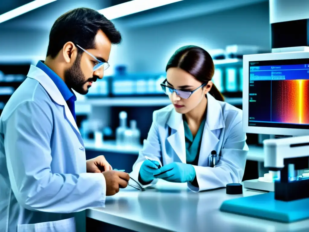 Avanzada investigación médica para anticoagulantes orales Un laboratorio médico futurista con científicos desarrollando anticoagulantes orales para el tratamiento del síndrome antifosfolípido, reflejando precisión e innovación en la investigación médica