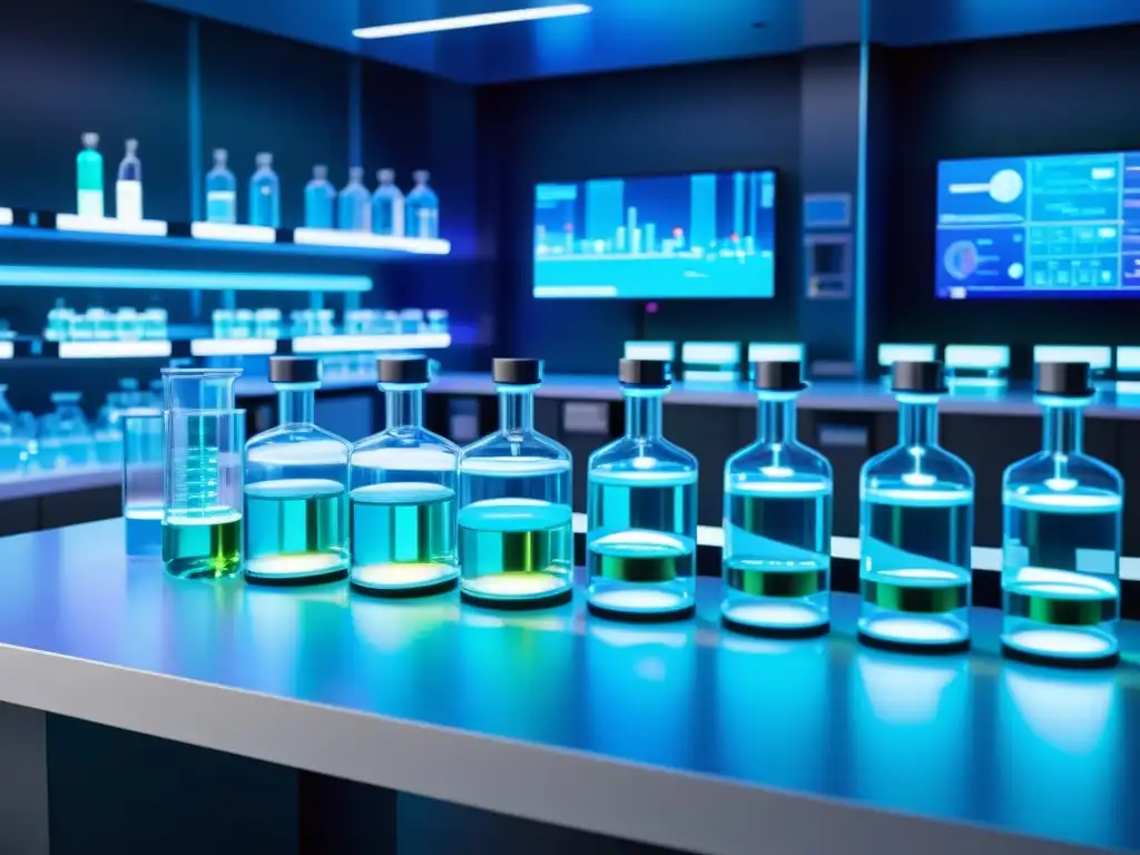 Avanzada tecnología médica: laboratorio futurista En el laboratorio médico del futuro, los científicos analizan datos en pantallas holográficas mientras los brazos robóticos manipulan líquidos
