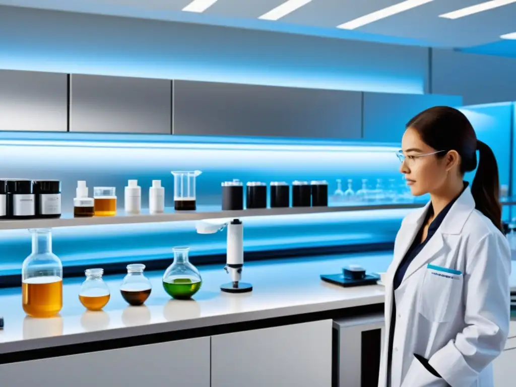 Moderno laboratorio de investigación en suplementos inmunes Un laboratorio moderno con equipo científico de vanguardia y un equipo de investigadores en batas blancas llevando a cabo experimentos meticulosos sobre suplementos y vitaminas para sistema inmunológico
