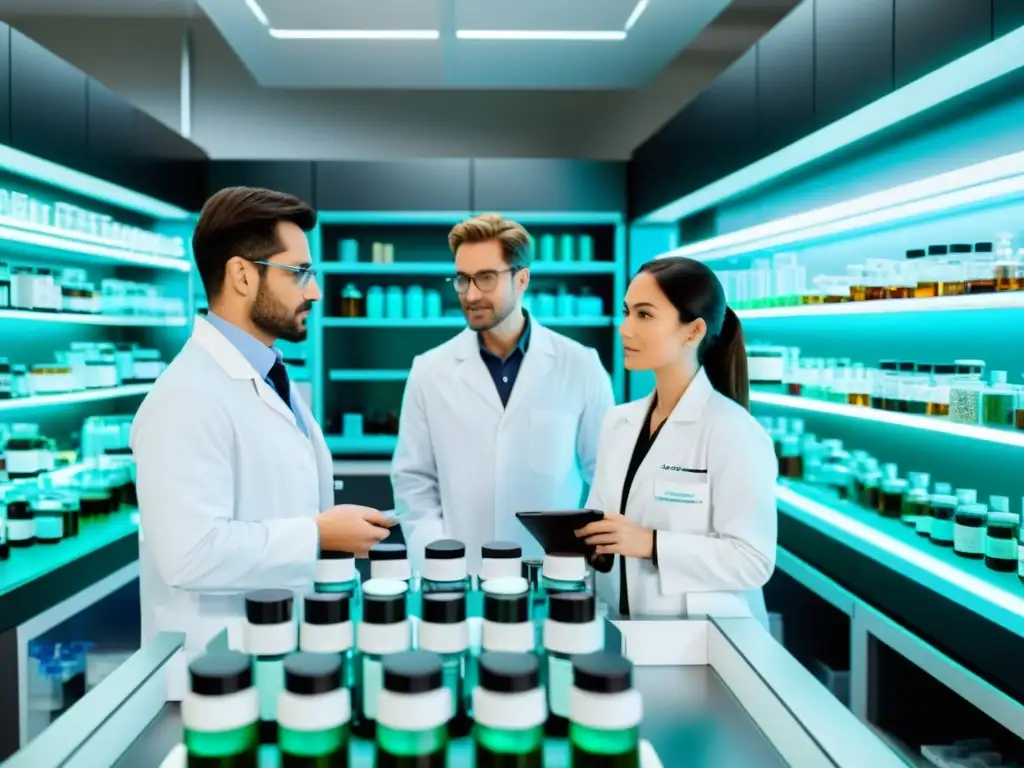Equipo de Investigación Analizando Suplementos Inmunitarios en Laboratorio Un laboratorio moderno lleno de suplementos para fortalecer el sistema inmune, donde un equipo de investigadores analiza y discute su efectividad
