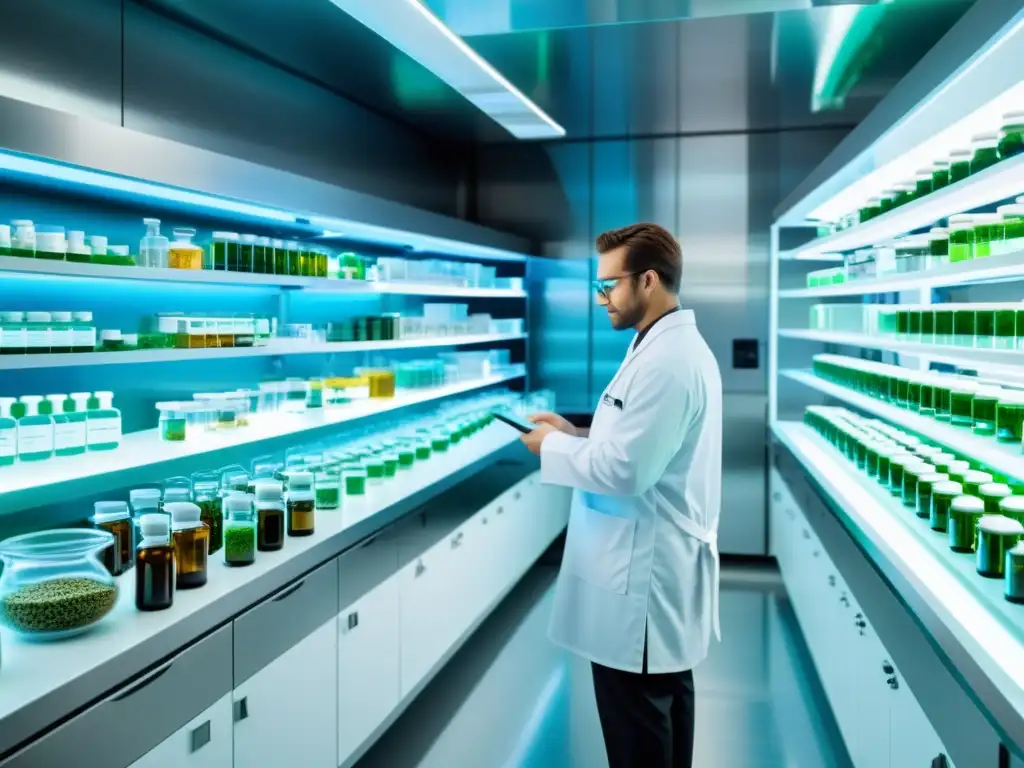 Un laboratorio moderno con suplementos herbarios para sistema inmunológico y un científico examinando su potencia con equipo avanzado