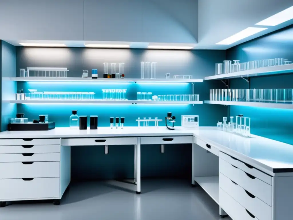 Imagen de laboratorio de alta resolución: diseño moderno y científico Un laboratorio moderno con suplementos para modular respuesta inmunitaria, con equipamiento científico y diseño elegante