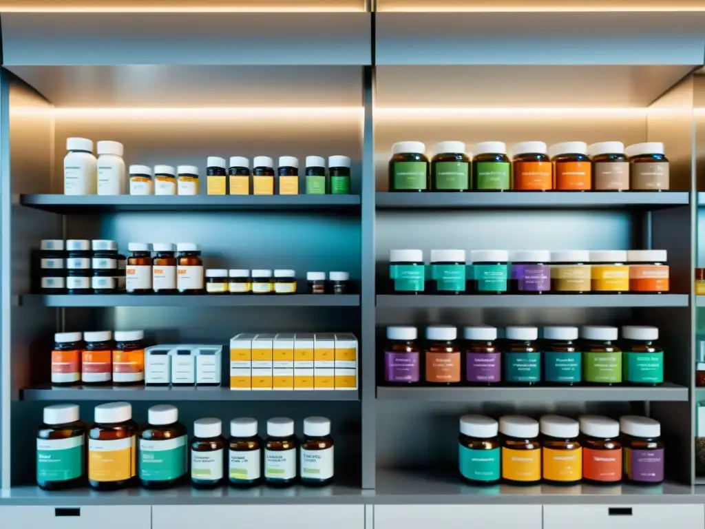 Suplementos Inmuneboost: Laboratorio Moderno Un laboratorio moderno con suplementos y vitaminas para sistema inmunológico, científico examina muestra bajo microscopio