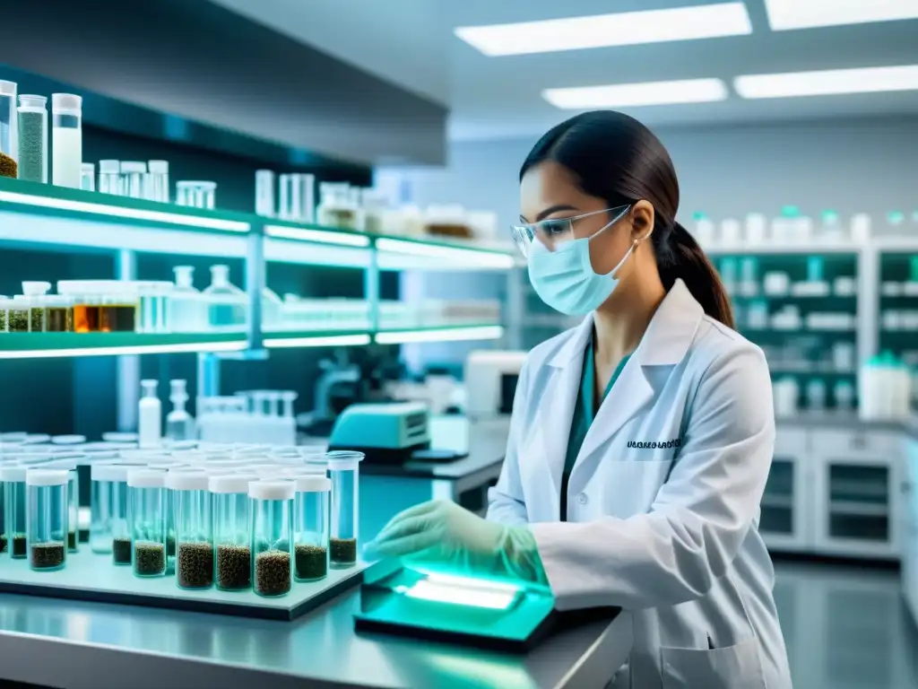 Exploración Científica de Prebióticos en Laboratorio Un laboratorio de vanguardia donde científicos en batas blancas investigan prebióticos para fortalecer el sistema inmunológico