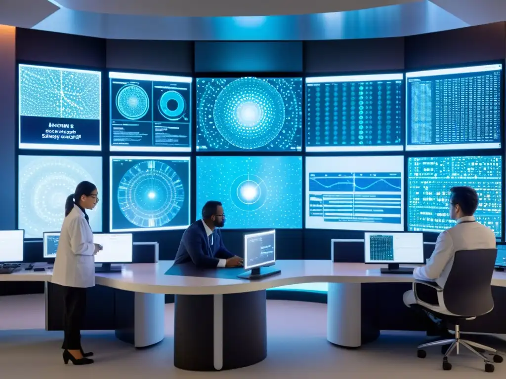 Integración de Machine Learning y Biología Computacional en Diagnósticos del Sistema Inmune Un laboratorio de vanguardia con científicos analizando datos en pantallas, fusionando machine learning y biología en diagnóstico inmunitario