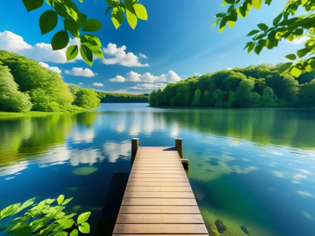Tranquilo lago entre naturaleza vibrante Un lago tranquilo rodeado de exuberante vegetación refleja el cielo azul