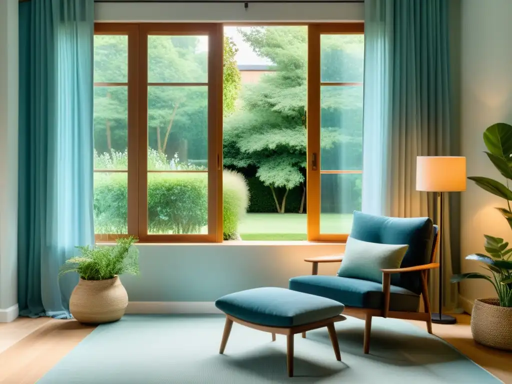 Espacio sereno y minimalista para relajarse Un rincón de lectura tranquilo y acogedor en una sala minimalista con vista al jardín