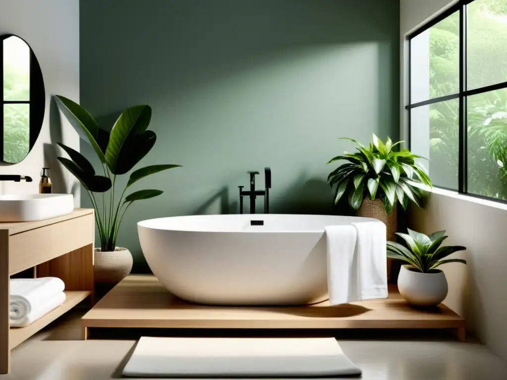 Baño moderno y sereno con bañera minimalista rodeada de plantas verdes Limpieza corporal sistema inmunológico: Baño moderno con luz natural, bañera minimalista rodeada de plantas verdes y toallas blancas