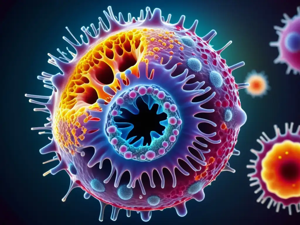 Macrófago devorador: inmunidad en acción Un macrofago en acción, devorando un patógeno con colores vibrantes y detalles celulares, revelando la función de los macrófagos en inmunidad
