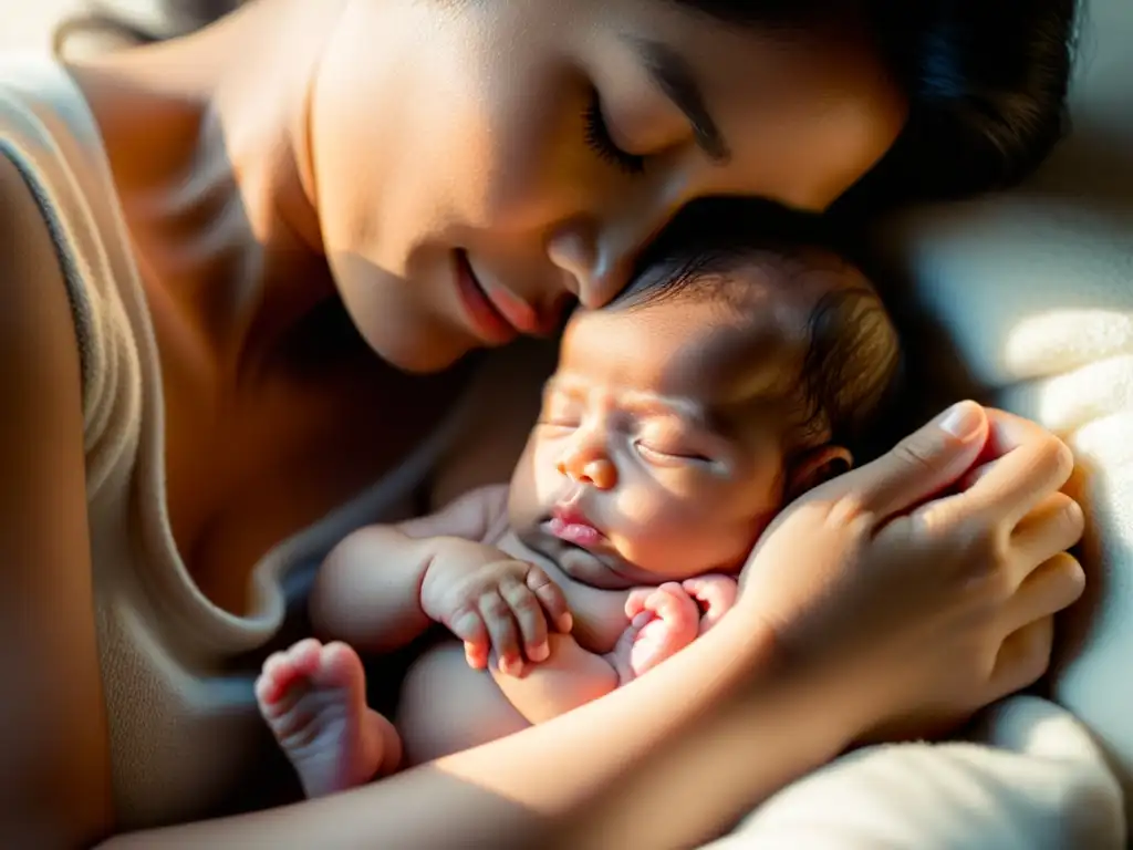 Vínculo íntimo: madre amamantando a su bebé Una madre acuna a su recién nacido mientras amamanta, destacando los beneficios de la lactancia materna para el sistema inmunológico del bebé