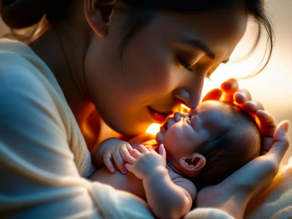 Tierno vínculo: madre y bebé en íntimo amamantamiento Una madre sostiene a su bebé mientras amamanta, con una luz cálida iluminando el íntimo momento