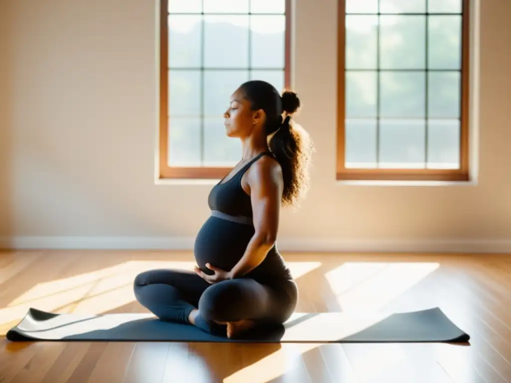 Yoga prenatal: Serenidad y fuerza para mamá Una madre embarazada realiza yoga prenatal en un estudio luminoso, transmitiendo fuerza, equilibrio y la belleza del embarazo