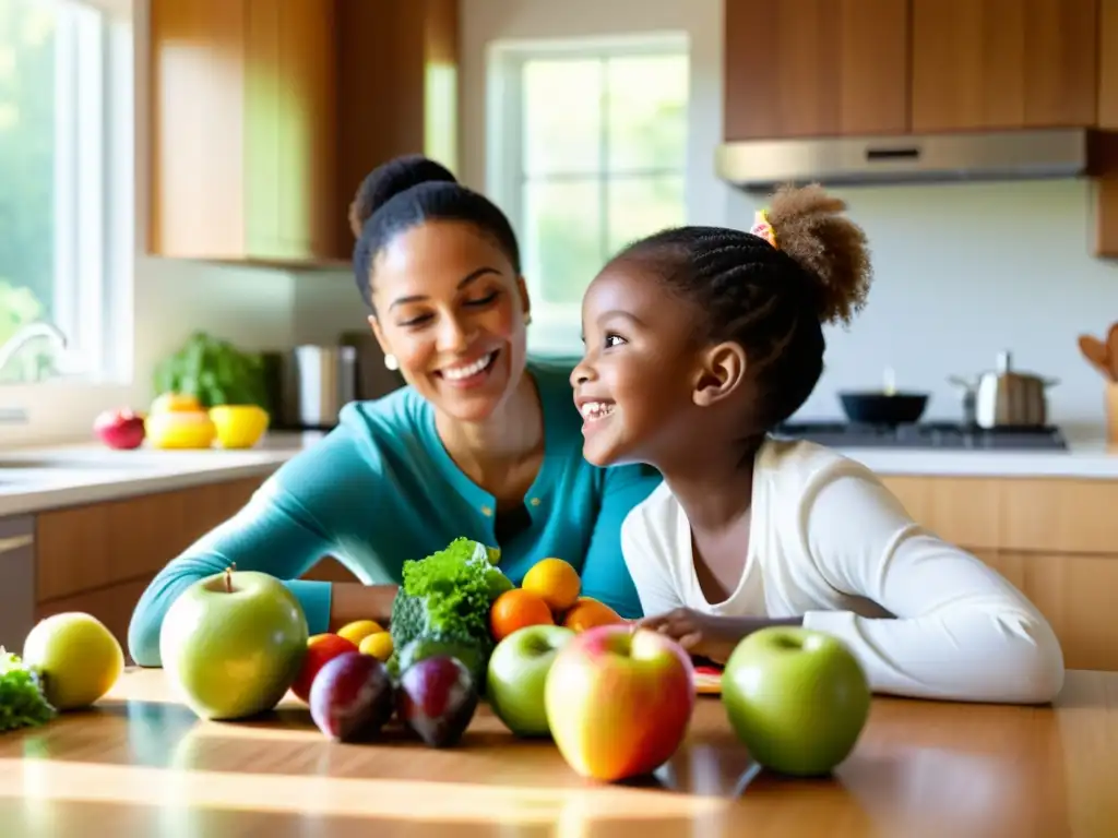 Madre e hijo disfrutan de alimentos frescos y saludables en casa Una madre y su hijo comparten una comida saludable en una cocina iluminada, rodeados de frutas, verduras y granos enteros
