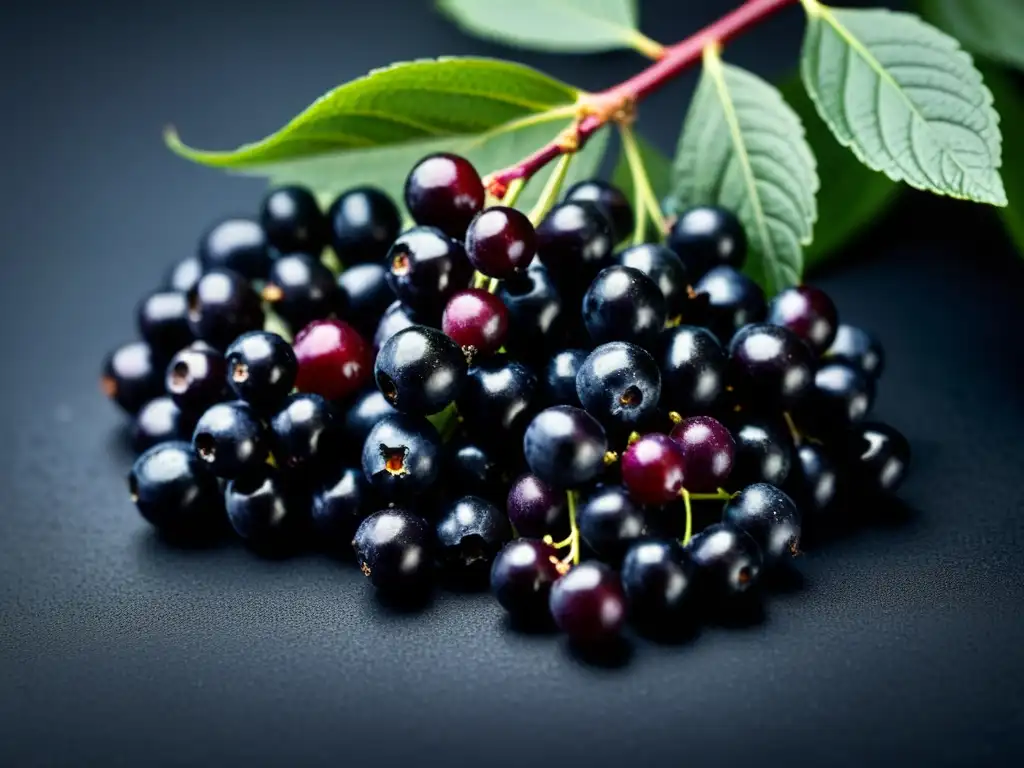 Deliciosas bayas de saúco: detalle ultrarrealista Maduras bayas de saúco brillantes en un fondo oscuro, resaltando su belleza natural