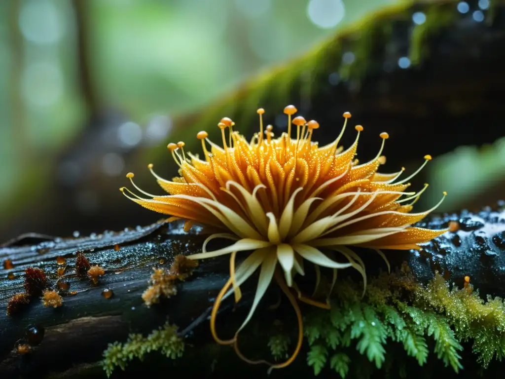 Detalle asombroso: hongos cordyceps en un bosque exuberante Un mágico y detallado close-up de un grupo de hongos cordyceps creciendo en un tronco caído en un bosque exuberante y húmedo