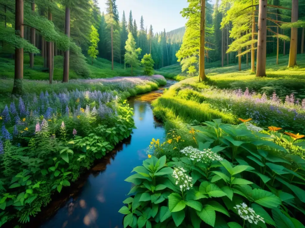Majestuoso bosque verde con luz solar filtrándose entre el dosel, arroyo y flores silvestres