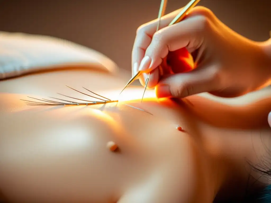 Acupuntura: expertos en acción Mano recibiendo acupuntura, con agujas y luz cálida, en clínica moderna