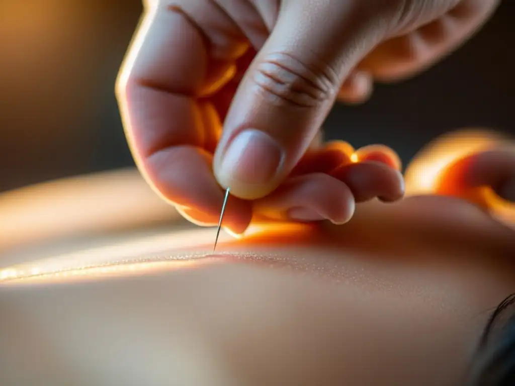 Mano sosteniendo aguja de acupuntura, detalle asombroso