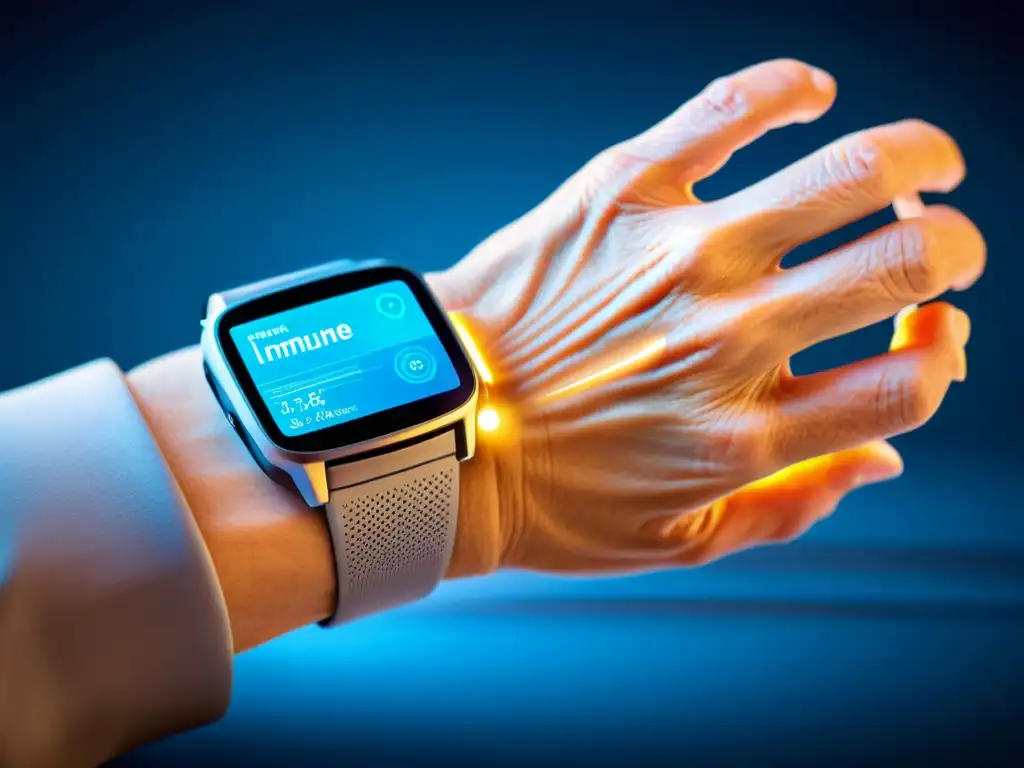 Mano sabia con dispositivo inmune avanzado Mano de anciano sostiene elegante dispositivo futurista mostrando datos de inmunidad en tiempo real