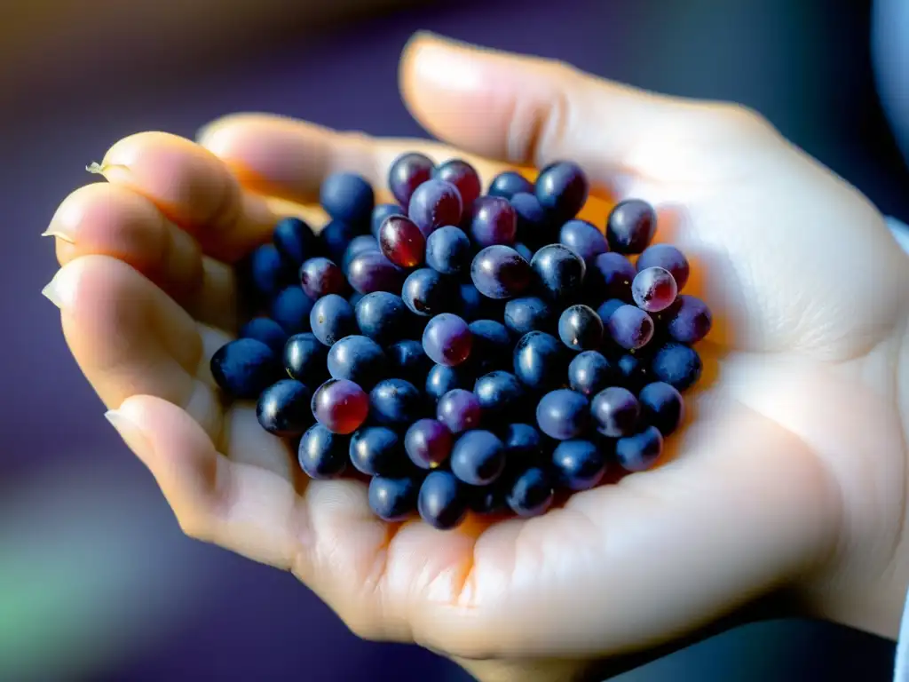 Semillas de uva púrpura: detalle científico Mano en bata blanca sostiene semillas de uva púrpura, resaltando textura y beneficios antioxidantes