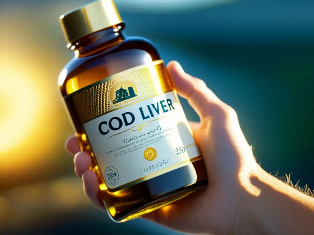 Aceite de hígado de bacalao: salud y sofisticación Una mano sostiene una botella de aceite de hígado de bacalao de alta calidad, con reflejos dorados y beneficios para la salud