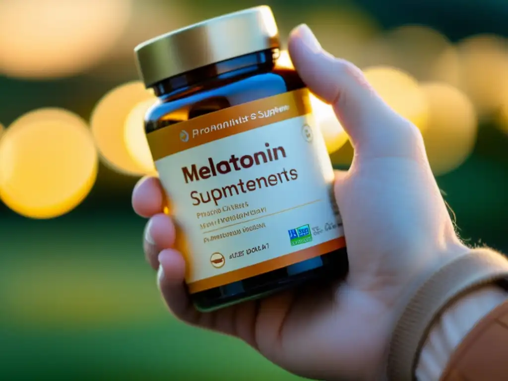 Melatonina: Bienestar en tus manos, dosis clara Una mano sostiene una botella de suplementos de melatonina, rodeada de una cálida luz que evoca bienestar