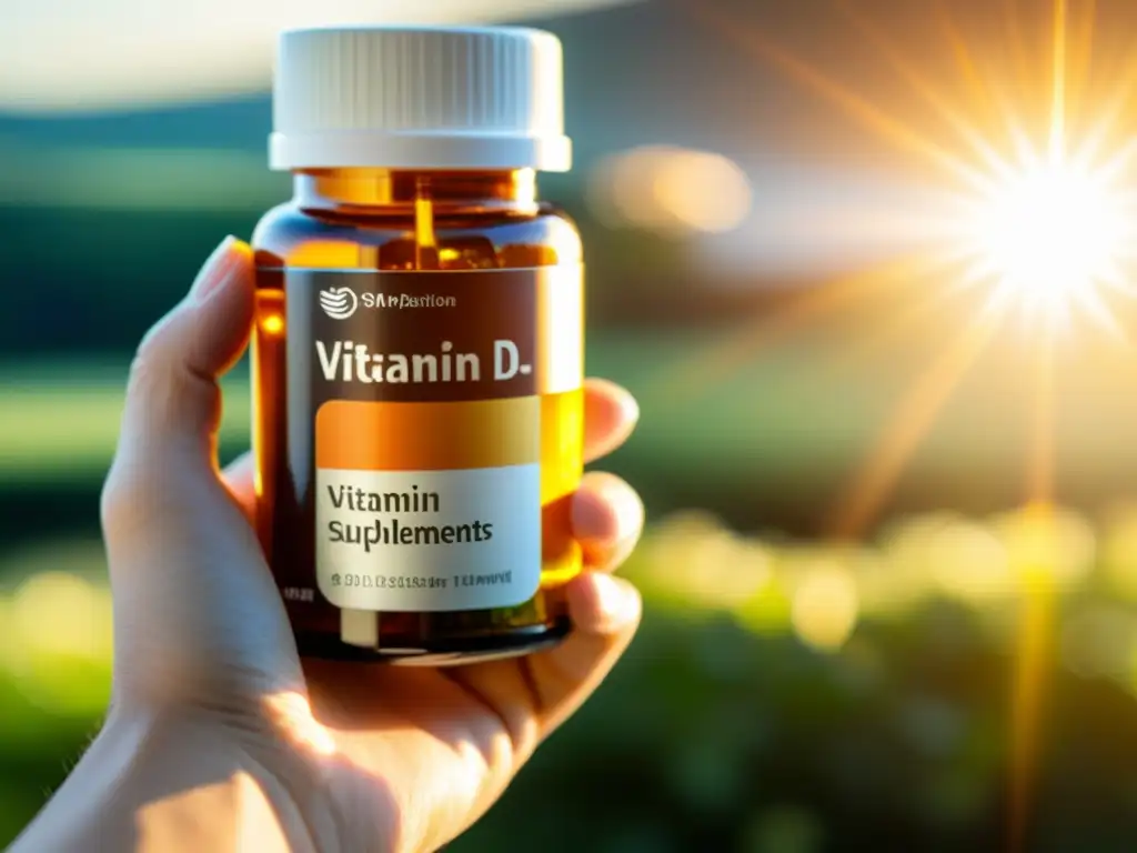 Vitamina D: Luz y Bienestar Una mano sostiene delicadamente una botella de suplementos de vitamina D, con luz cálida de fondo