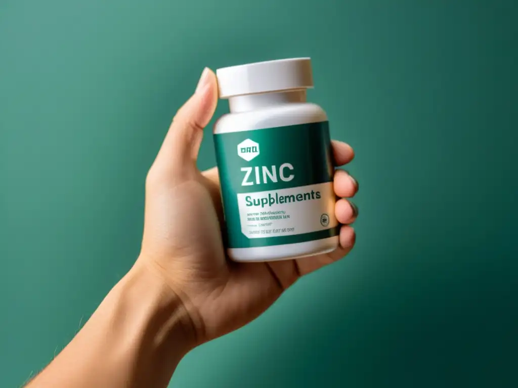 Suplemento de zinc para inmunidad: mano cuidadosa y minimalista Una mano sostiene firmemente una botella de suplementos de zinc para inmunidad, con un diseño moderno y luz suave