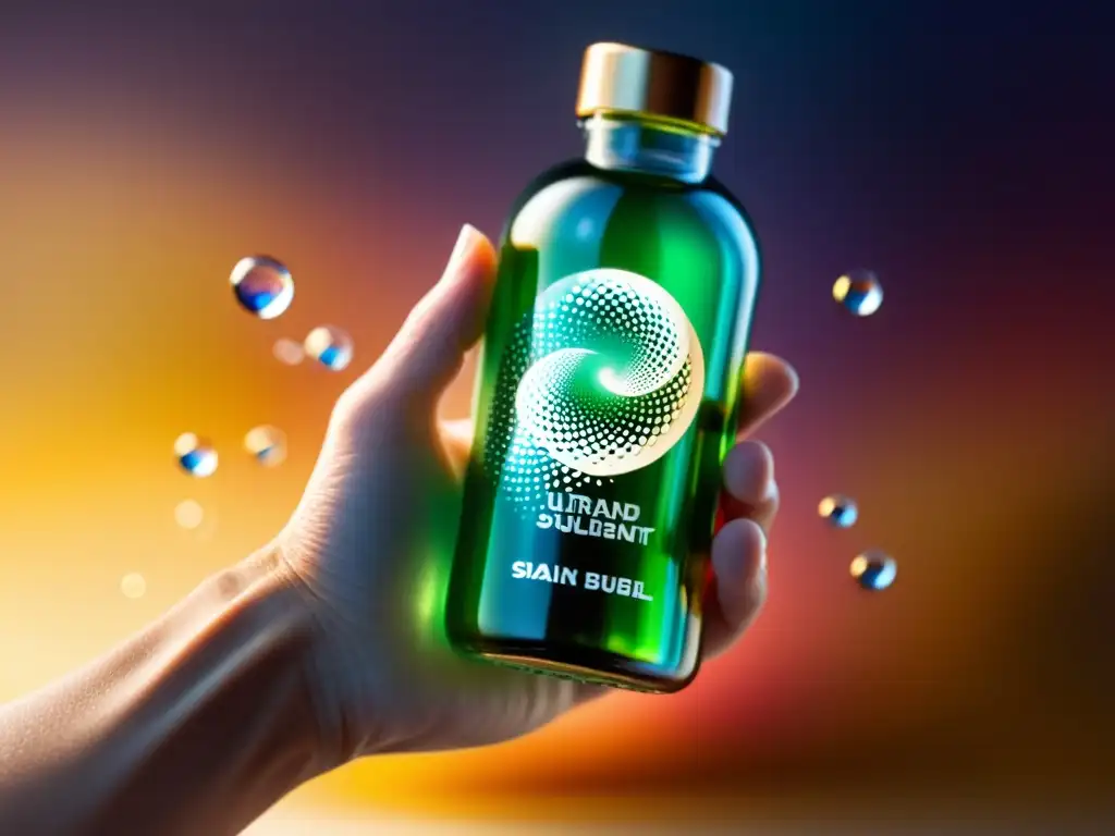 Suplemento líquido vibrante en botella transparente Una mano sostiene una botella transparente con líquido vibrante y burbujas, irradiando pureza