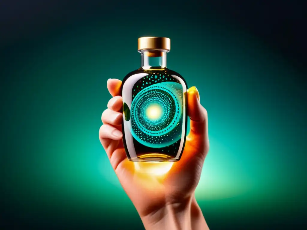 Suplemento líquido vibrante en botella transparente Una mano sostiene una botella transparente con líquido brillante