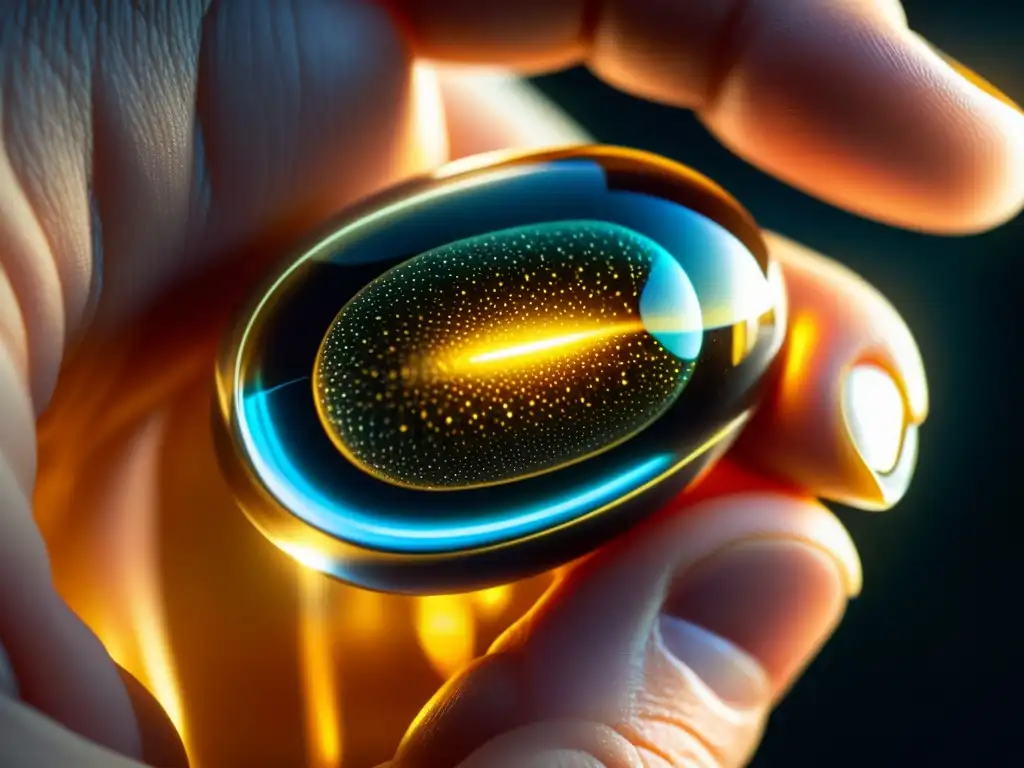Una mano sostiene una cápsula transparente con líquido dorado brillante, resaltando su complejidad