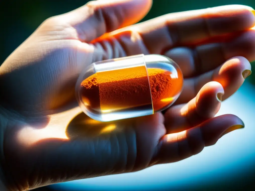 Mano sosteniendo cápsula transparente con polvo de quercetina naranja, resaltando los beneficios de la quercetina para inmunidad