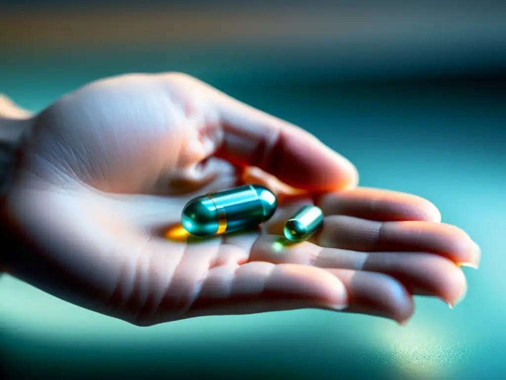 Suplemento de zinc: detalle científico y precisión Una mano sostiene una cápsula transparente con suplementos de zinc para inmunidad, resaltando detalles precisos y una estética moderna