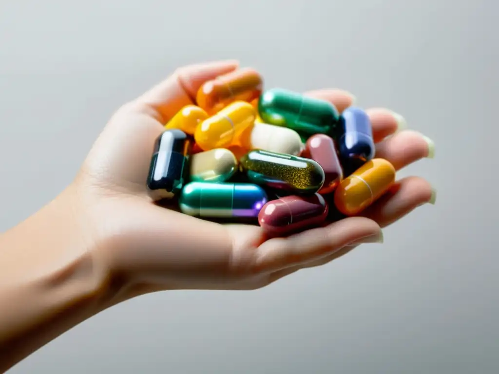 Mano con vitaminas: coloridas y detalladas Una mano sostiene coloridos suplementos para fortalecer la inmunidad en un fondo blanco, con iluminación suave y sombras sutiles