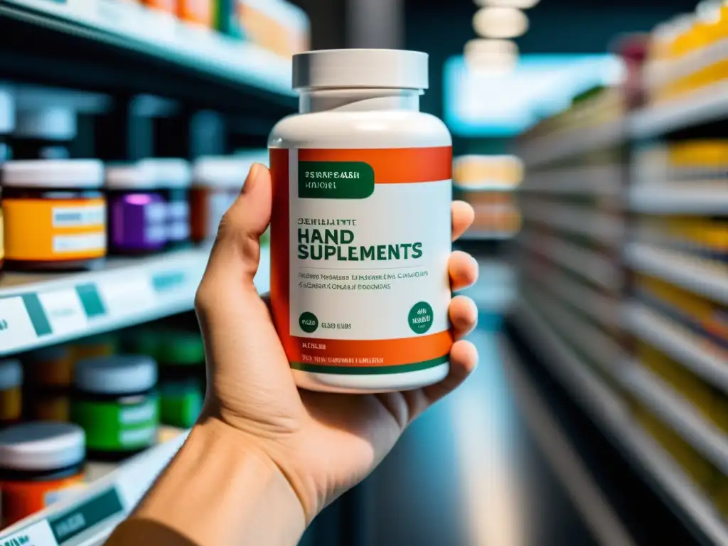 Una mano sostiene con confianza una botella de suplementos inmunidad, con etiqueta minimalista y fondo difuminado, evitando gastos innecesarios