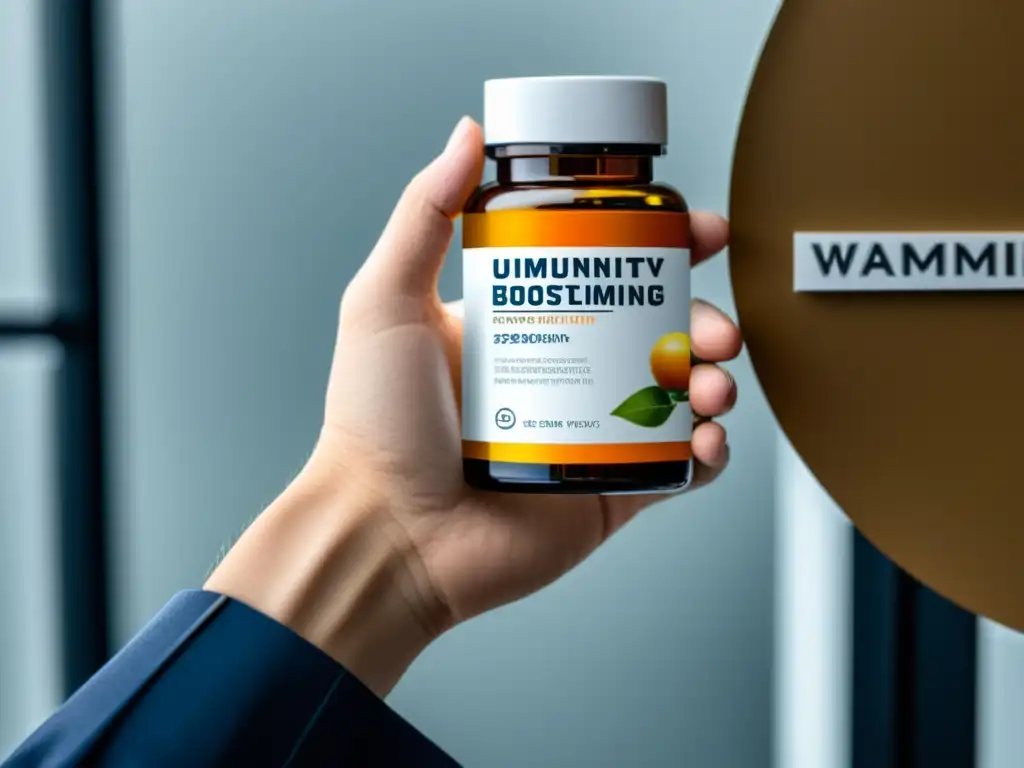Suplementos de Inmunidad: Maximizando Beneficios con Estilo Mano sostiene elegante botella de suplementos de inmunidad con diseño moderno y profesional