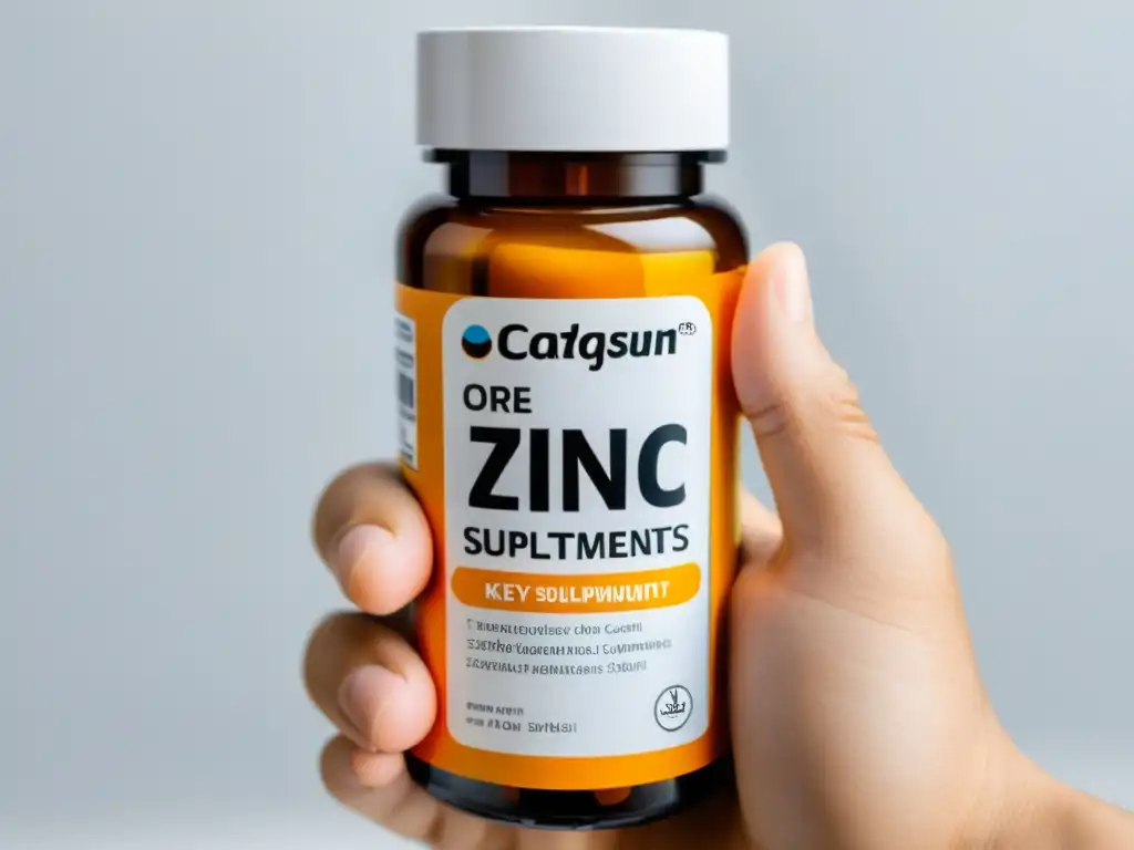 Suplemento de zinc: refuerza tu inmunidad Una mano sostiene elegante botella de suplementos de zinc para inmunidad, sobre fondo blanco