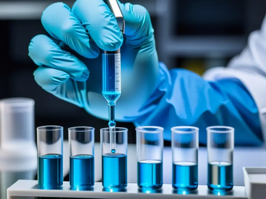 Mano enguantada con precisión pipetea líquido azul en tubo de ensayo, reflejando equipo de laboratorio