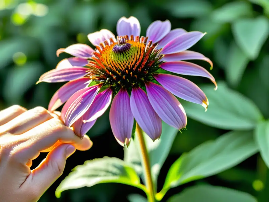 Mano sosteniendo flor púrpura de equinácea: belleza natural Mano sostiene flor morada de equinácea, resaltando su belleza y beneficios para el sistema inmunitario