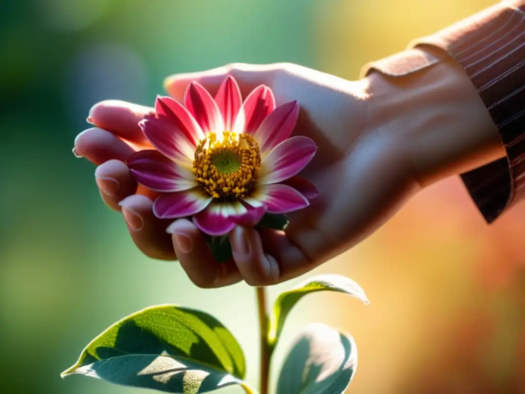 Mano acariciando flor en detalle Una mano alcanza una flor en plena floración, iluminada por el sol