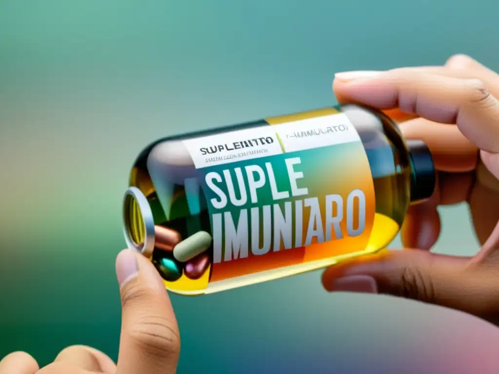 Suplemento Inmunitario: Detalles Impactantes Una mano sostiene un frasco de suplementos inmunitarios, con cápsulas y tabletas de colores