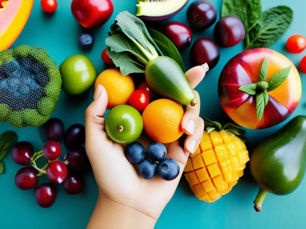 Mano sosteniendo frutas y verduras vibrantes Mano sostiene frutas y verduras coloridas, mostrando su diversidad y belleza natural, con impacto en el sistema inmunológico